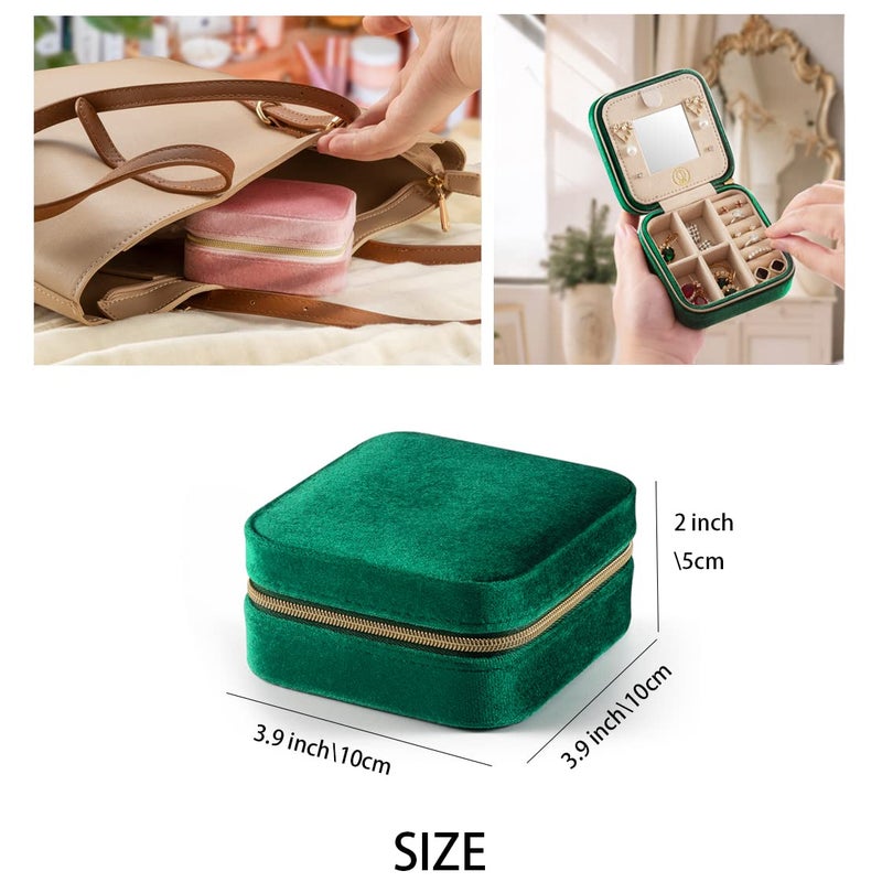 ZPROW Plush Velvet Travel Jewelry Case  Travel Jewelry Organizer  Jewelry Travel Case  Travel Jewelry Box  Small Jewelry Case for Women Jewelry Travel Box  Earring Organizer with Mirror - Emerald Green - Image 5